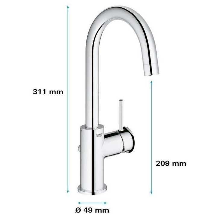 Mitigeur monocommande Lavabo - GROHE - Taille L - Chromé - Pivotant - Economie d'eau Mitigeur monocommande Lavabo - GROHE - Taille L - Chromé - Pivotant - Economie d'eau