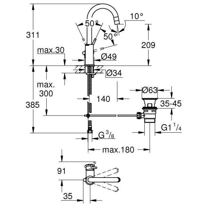 Mitigeur monocommande Lavabo - GROHE - Taille L - Chromé - Pivotant - Economie d'eau Mitigeur monocommande Lavabo - GROHE - Taille L - Chromé - Pivotant - Economie d'eau