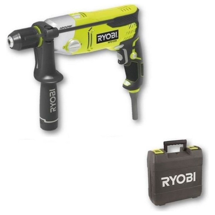 RYOBI - Perceuse a percussion 1 200 W - 1 200-3 000 cp/min - 2 vitesses - mandrin 13 mm métal - LED - Livrée en coffret - RPD1 RYOBI - Perceuse a percussion 1 200 W - 1 200-3 000 cp/min - 2 vitesses - mandrin 13 mm métal - LED - Livrée en coffret - RPD1