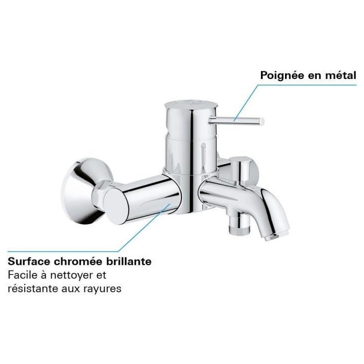 Mitigeur monocommande Bain / Douche mural GROHE - Finition Chromé - Profondeur 191 mm Mitigeur monocommande Bain / Douche mural GROHE - Finition Chromé - Profondeur 191 mm