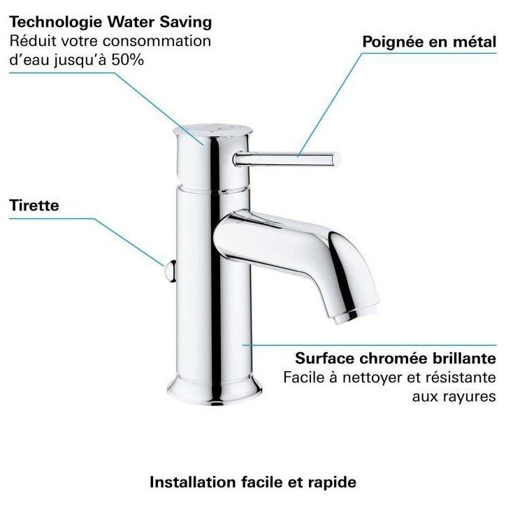 Mitigeur lavabo GROHE Start Classic - Tirette de vidage - Économie d'eau - Garantie 5 ans Mitigeur lavabo GROHE Start Classic - Tirette de vidage - Économie d'eau - Garantie 5 ans