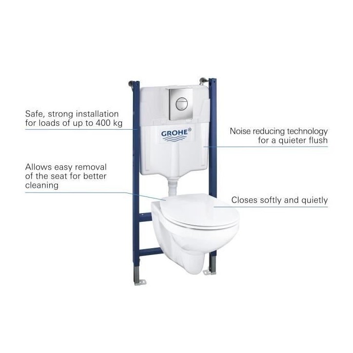 Pack Bâti support 5 en 1 - GROHE - Blanc - 1.13 m - Céramique - Cuvette + abattant + plaque de commande + supports muraux Pack Bâti support 5 en 1 - GROHE - Blanc - 1.13 m - Céramique - Cuvette + abattant + plaque de commande + supports muraux