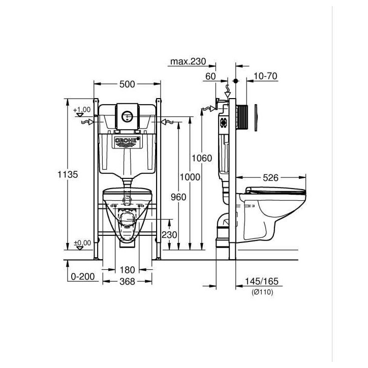 Pack Bâti support 5 en 1 - GROHE - Blanc - 1.13 m - Céramique - Cuvette + abattant + plaque de commande + supports muraux Pack Bâti support 5 en 1 - GROHE - Blanc - 1.13 m - Céramique - Cuvette + abattant + plaque de commande + supports muraux