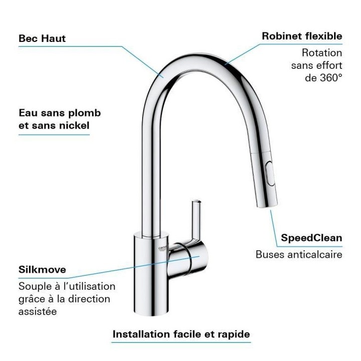 GROHE Robinet de cuisine évier Feel, douchette extractible, rotation 360°, bec en U, inverseur 2 jets, mitigeur cuisine 314860 GROHE Robinet de cuisine évier Feel, douchette extractible, rotation 360°, bec en U, inverseur 2 jets, mitigeur cuisine 314860
