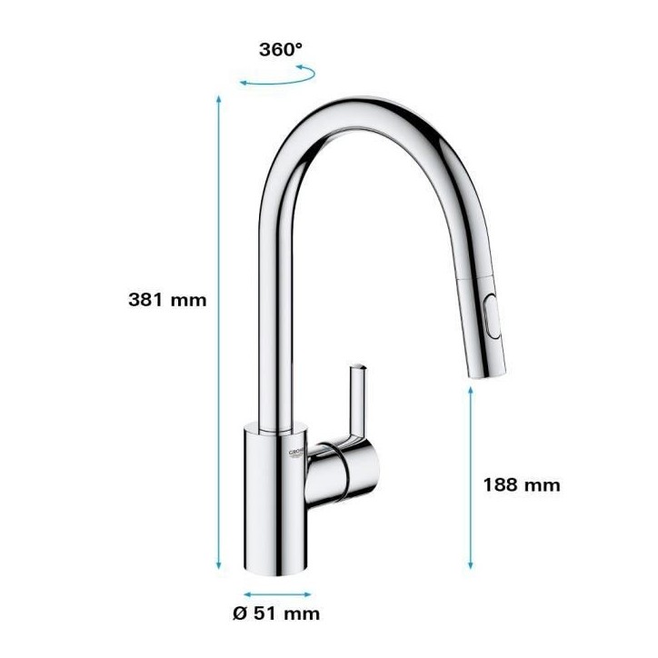 GROHE Robinet de cuisine évier Feel, douchette extractible, rotation 360°, bec en U, inverseur 2 jets, mitigeur cuisine 314860 GROHE Robinet de cuisine évier Feel, douchette extractible, rotation 360°, bec en U, inverseur 2 jets, mitigeur cuisine 314860