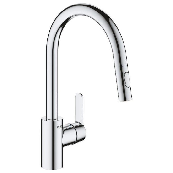 GROHE Robinet de cuisine évier Get, robinet avec douchette extractible, bec en forme de U, inverseur 2 jets, Supersteel, 314840