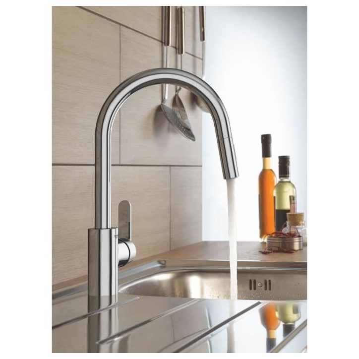 GROHE Robinet de cuisine évier Get, robinet avec douchette extractible, bec en forme de U, inverseur 2 jets, Supersteel, 314840
