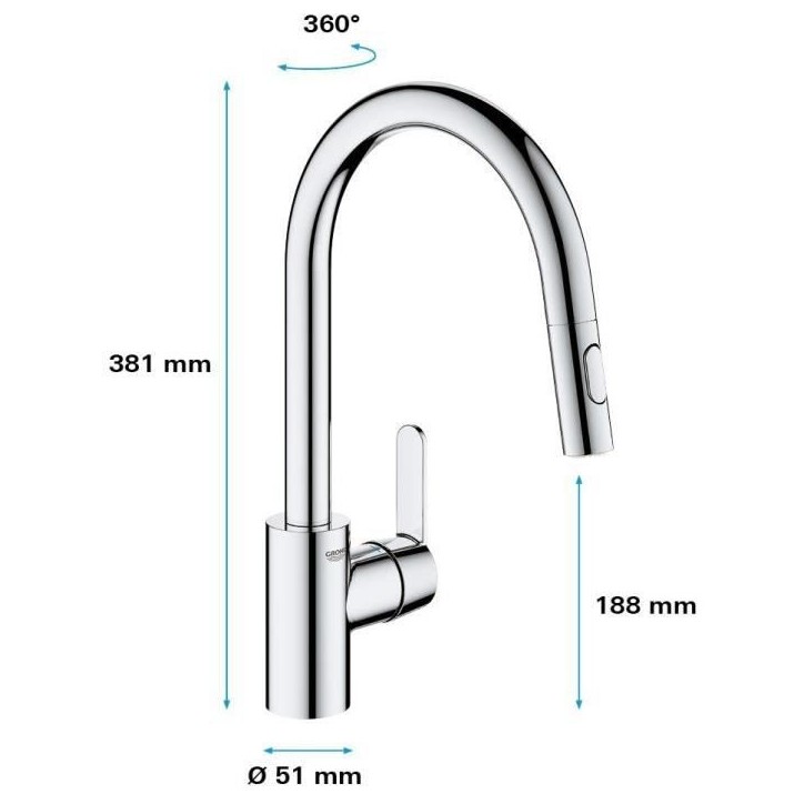GROHE Robinet de cuisine évier Get, robinet avec douchette extractible, bec en forme de U, inverseur 2 jets, Supersteel, 314840