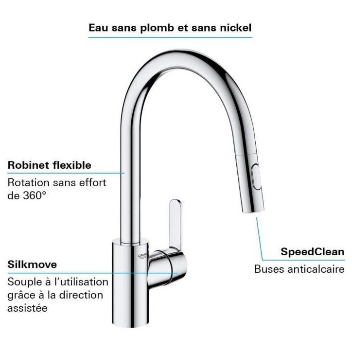 GROHE Robinet de cuisine évier Get, robinet avec douchette extractible, bec en forme de U, inverseur 2 jets, Supersteel, 314840