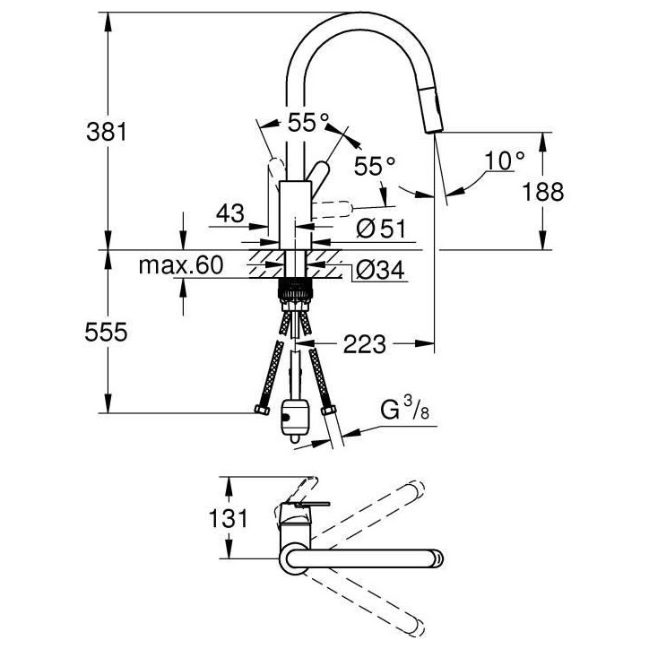 GROHE Robinet de cuisine évier Get, robinet avec douchette extractible, bec en forme de U, inverseur 2 jets, Supersteel, 314840