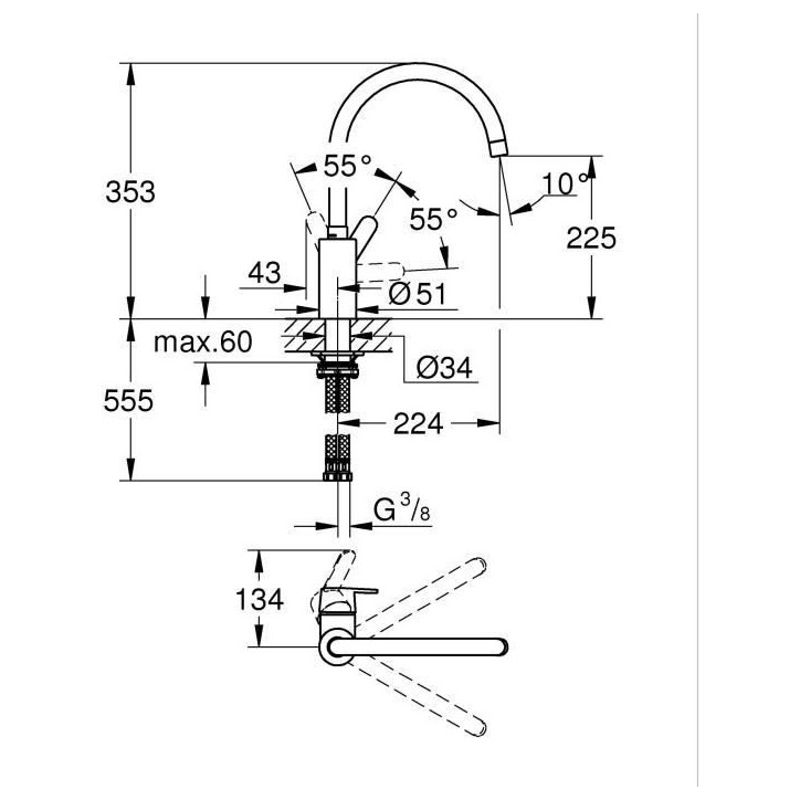 Mitigeur de cuisine - GROHE Get - Chromé - Bec en C - Bec Haut - Rotation 150° Mitigeur de cuisine - GROHE Get - Chromé - Bec en C - Bec Haut - Rotation 150°
