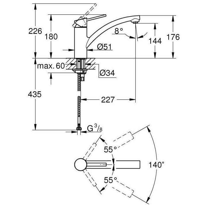 GROHE Robinet évier de cuisine Swift, Mitigeur monocommande avec mousseur économique d'eau, rotation a 140°, 30358000