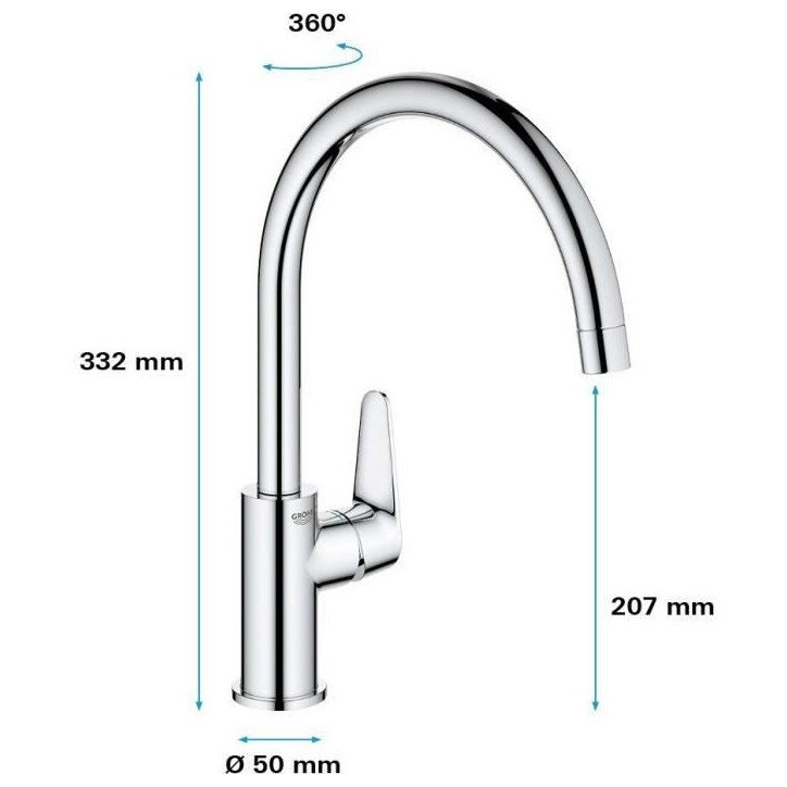 Mitigeur monocommande Evier - GROHE - 31554001 - Col de cygne - Chromé - Métal - Gris