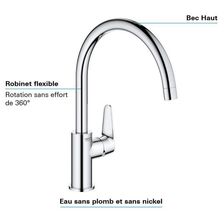 Mitigeur monocommande Evier - GROHE - 31554001 - Col de cygne - Chromé - Métal - Gris