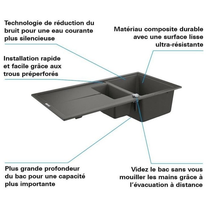 GROHE Evier composite avec égouttoir K400 1000 x 500 mm Gris granite 31642AT0 GROHE Evier composite avec égouttoir K400 1000 x 500 mm Gris granite 31642AT0