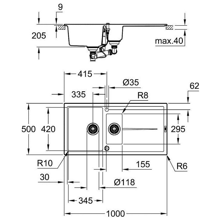 GROHE Evier composite avec égouttoir K400 1000 x 500 mm Gris granite 31642AT0 GROHE Evier composite avec égouttoir K400 1000 x 500 mm Gris granite 31642AT0