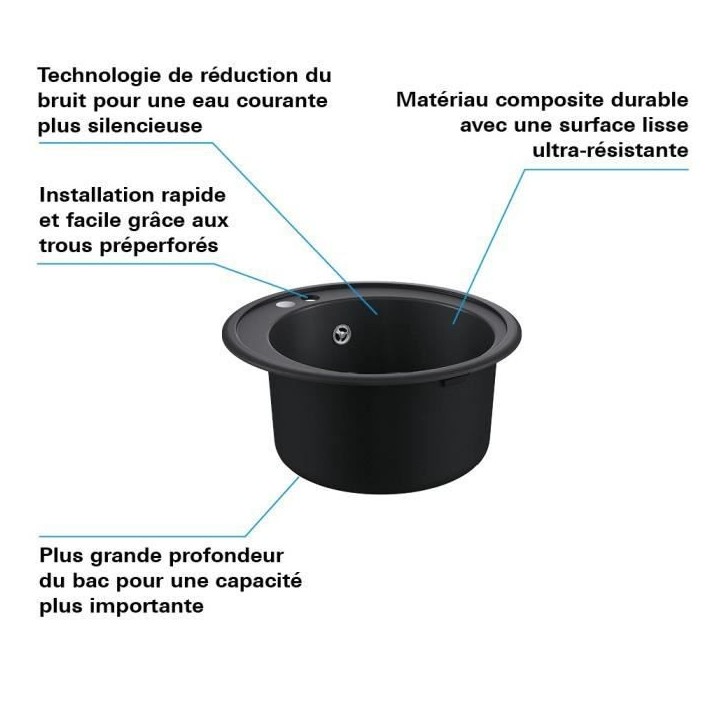 Evier composite - GROHE - K200 - 1 bac - A encastrer - Noir - Rond Evier composite - GROHE - K200 - 1 bac - A encastrer - Noir - Rond