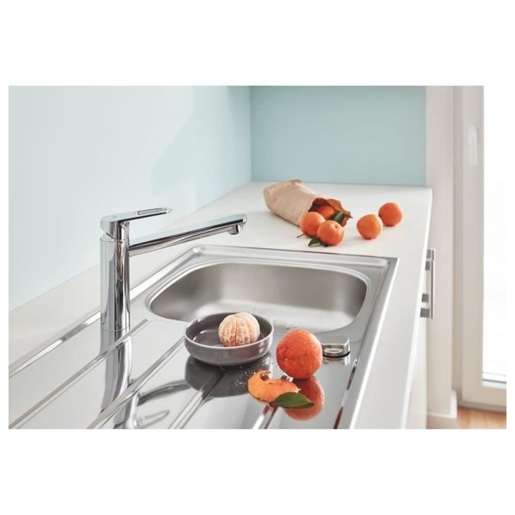 GROHE Robinet évier de cuisine Start Flow, mitigeur monocommande avec mousseur économique d'eau, rotation 140°, chromé, 3169