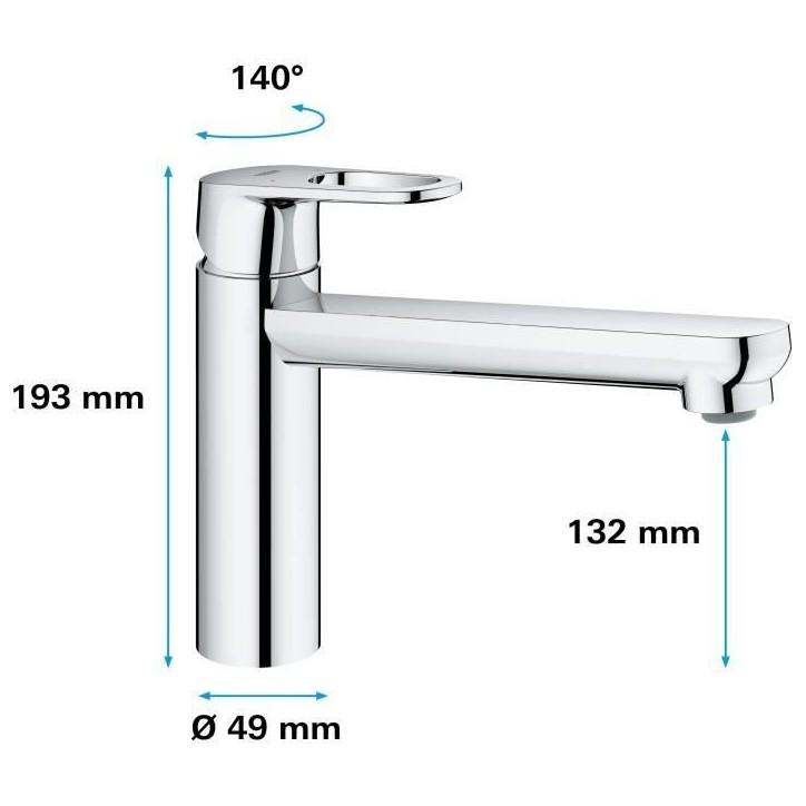 GROHE Robinet évier de cuisine Start Flow, mitigeur monocommande avec mousseur économique d'eau, rotation 140°, chromé, 3169