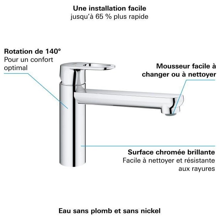GROHE Robinet évier de cuisine Start Flow, mitigeur monocommande avec mousseur économique d'eau, rotation 140°, chromé, 3169