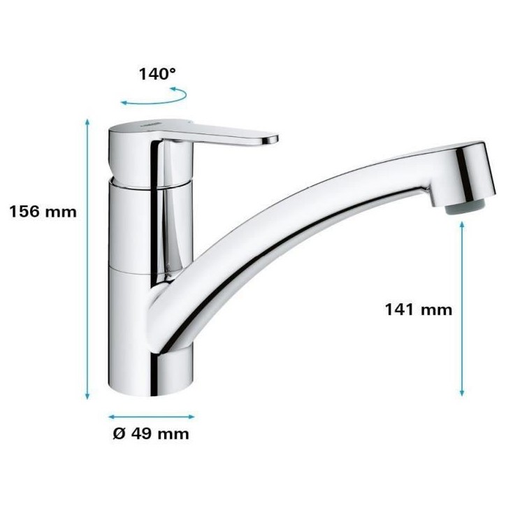Mitigeur évier GROHE Start Eco - Chromé - Bec bas - Métal
