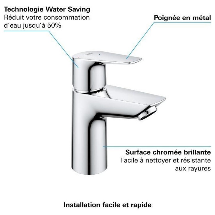 Mitigeur lavabo salle de bains - GROHE - Monotrou - Chromé - Economie d'eau