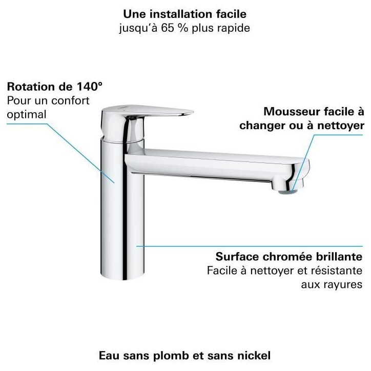 GROHE Robinet évier de cuisine Start curve, mousseur économique d'eau, sans tirette de vidage, bonde de vidage incluses, 31717 GROHE Robinet évier de cuisine Start curve, mousseur économique d'eau, sans tirette de vidage, bonde de vidage incluses, 31717