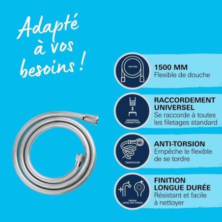 Flexible de douche - GROHE VitalioFlex 28743002 - 1,5m - Anti-pliures et torsion - Connexion universelle - Surface lisse - Chrom