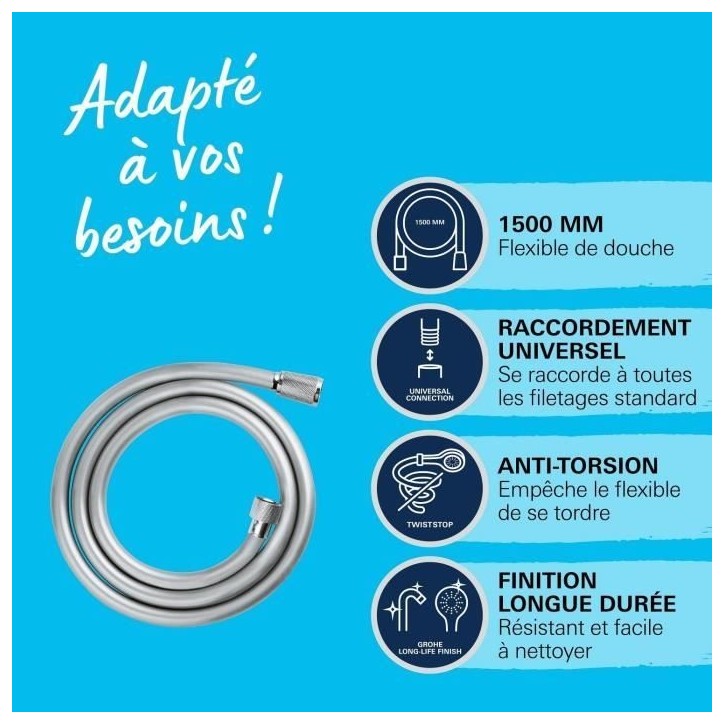 Flexible de douche - GROHE VitalioFlex 28743002 - 1,5m - Anti-pliures et torsion - Connexion universelle - Surface lisse - Chrom Flexible de douche - GROHE VitalioFlex 28743002 - 1,5m - Anti-pliures et torsion - Connexion universelle - Surface lisse - Chrom