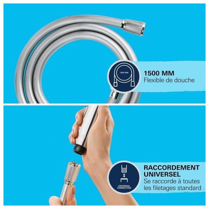 Flexible de douche - GROHE VitalioFlex 28743002 - 1,5m - Anti-pliures et torsion - Connexion universelle - Surface lisse - Chrom Flexible de douche - GROHE VitalioFlex 28743002 - 1,5m - Anti-pliures et torsion - Connexion universelle - Surface lisse - Chrom