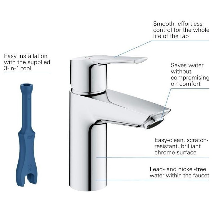 Mitigeur monocommande Lavabo GROHE Start - Taille S - limiteur de température - économie d'eau - 23550002 Mitigeur monocommande Lavabo GROHE Start - Taille S - limiteur de température - économie d'eau - 23550002