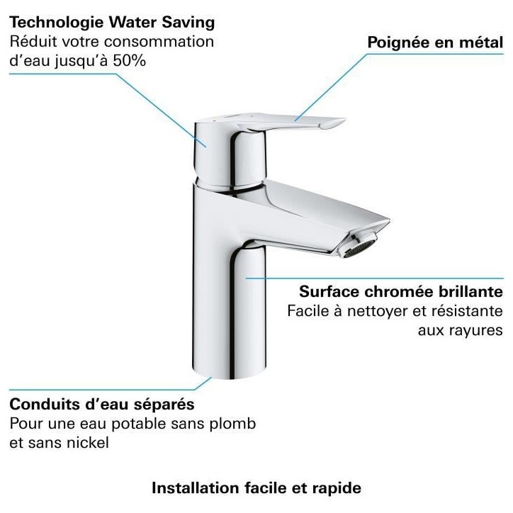 Mitigeur monocommande lavabo GROHE QUICKFIX Start - économie d'eau - bonde clic clac incluse - taille S