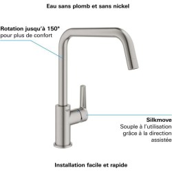 Mitigeur monocommande Evier - GROHE - Supersteel - Pivotant - Hauteur