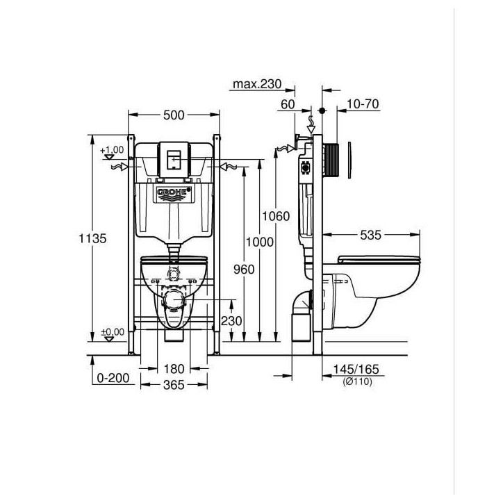 Pack Bâti support 5 en 1 - GROHE - Blanc - 1.13 m - Céramique - Cuvette + abattant + plaque de commande + supports muraux Pack Bâti support 5 en 1 - GROHE - Blanc - 1.13 m - Céramique - Cuvette + abattant + plaque de commande + supports muraux
