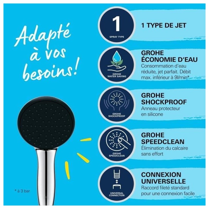 Pommeau de douche - GROHE Vitalio Start 110 27940001 - 1 jet Pluie - Economie d'eau - Procédé anti-calcaire - Chromé Pommeau de douche - GROHE Vitalio Start 110 27940001 - 1 jet Pluie - Economie d'eau - Procédé anti-calcaire - Chromé