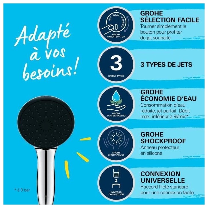 Pommeau de douche - GROHE Vitalio Start 110 26031001 - 3 jets (Pluie/Stimulant/Massage) - Sélection facile - Economie d'eau -Ch