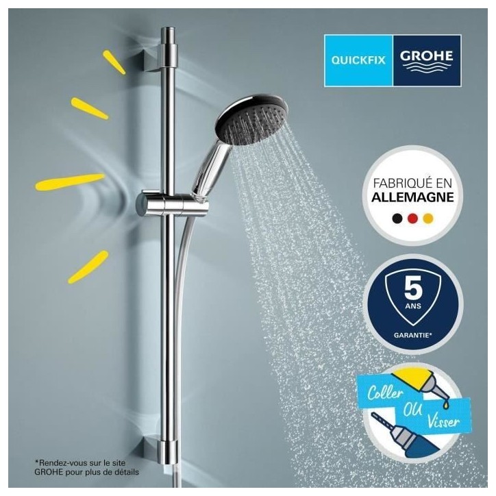 Ensemble de douche avec pommeau 3 jets, barre et flexible - GROHE Vitalio Start 110 26032001 - Sélection facile - Economie d'ea Ensemble de douche avec pommeau 3 jets, barre et flexible - GROHE Vitalio Start 110 26032001 - Sélection facile - Economie d'ea