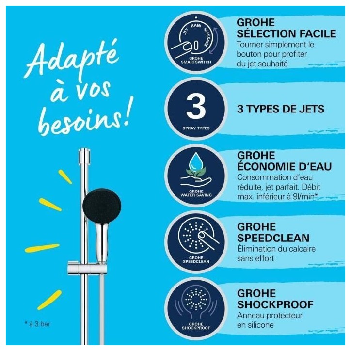 Ensemble de douche avec pommeau 3 jets, barre et flexible - GROHE Vitalio Start 110 26032001 - Sélection facile - Economie d'ea Ensemble de douche avec pommeau 3 jets, barre et flexible - GROHE Vitalio Start 110 26032001 - Sélection facile - Economie d'ea