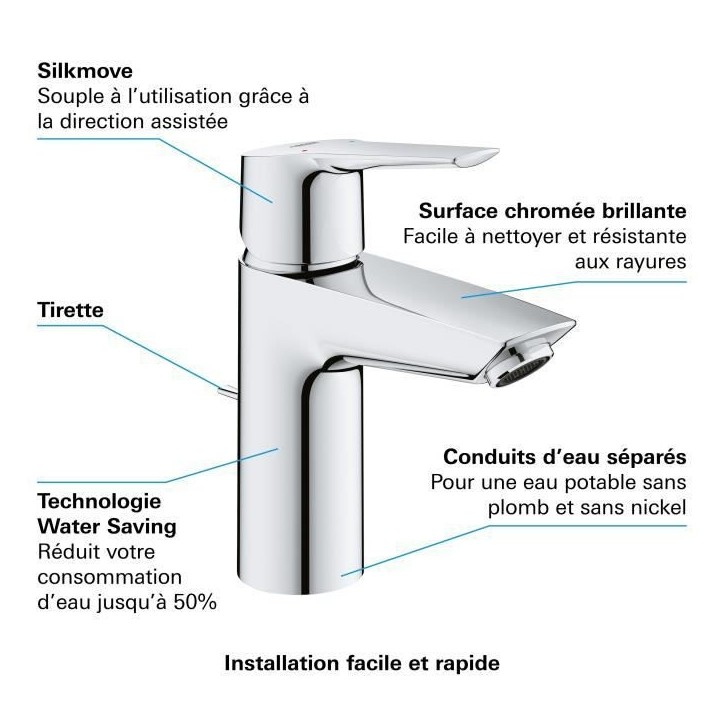 Mitigeur monocommande Lavabo GROHE QUICKFIX Start - Chromé - Economie d'eau - Installation facile