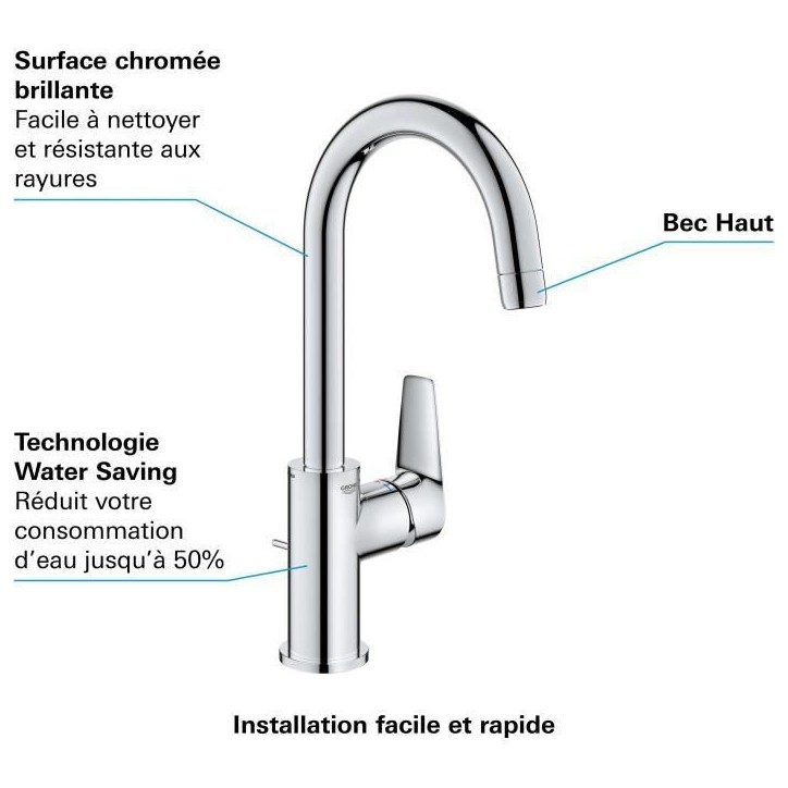 Mitigeur monocommande Lavabo GROHE - Taille L - Col de cygne - Chromé
