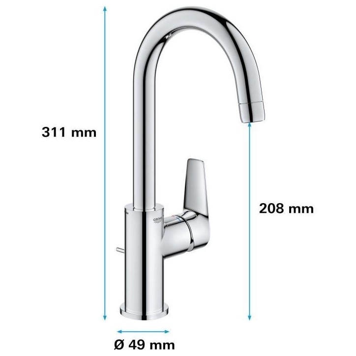 Mitigeur monocommande Lavabo GROHE - Taille L - Col de cygne - Chromé