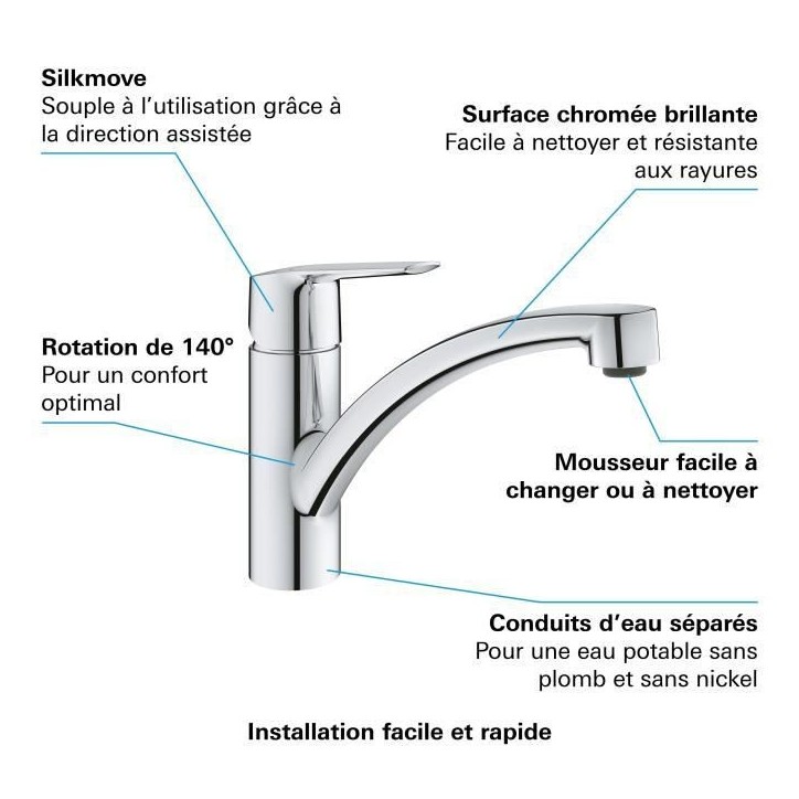 GROHE QUICKFIX Start Robinet de cuisine évier Start, rotation 140°, robinet de cuisine, chromé, 30530002 GROHE QUICKFIX Start Robinet de cuisine évier Start, rotation 140°, robinet de cuisine, chromé, 30530002