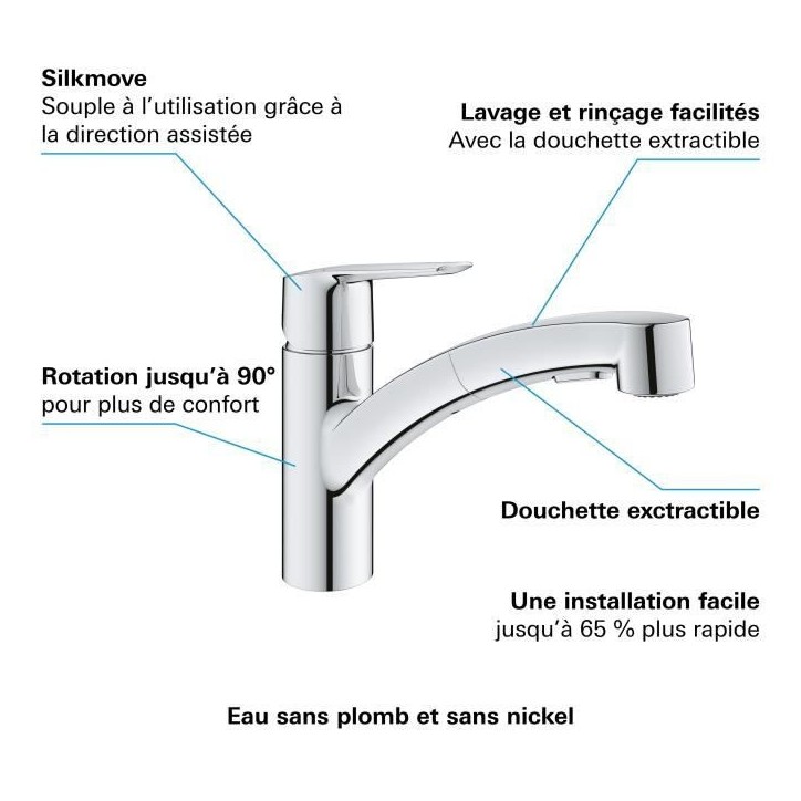 GROHE QUICKFIX Start Robinet de cuisine évier, douchette extractible, inverseur 2 jets, rotation 90°, 30531001