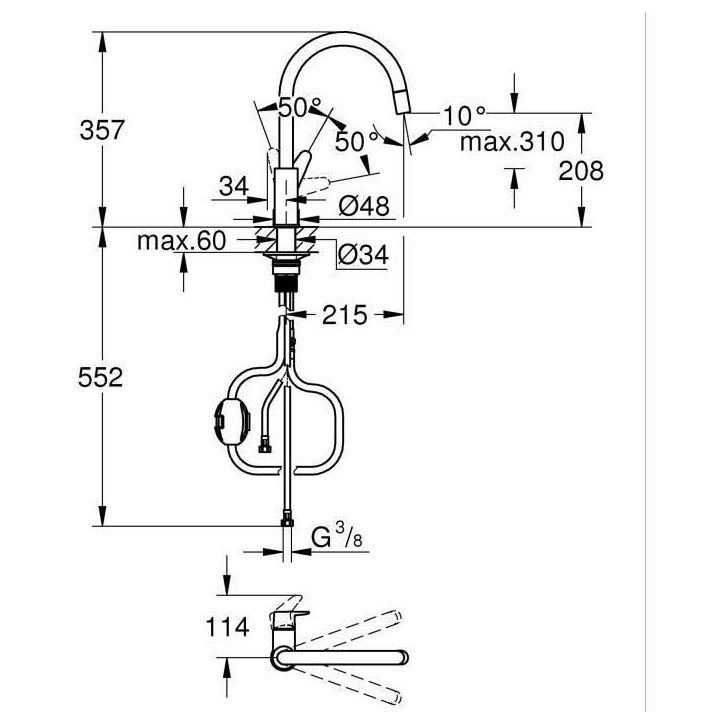 Robinet de cuisine - Chromé - Bec haut en C - Mousseur extractible - Rotation 360 - Limiteur de débit - GROHE Start Curve -