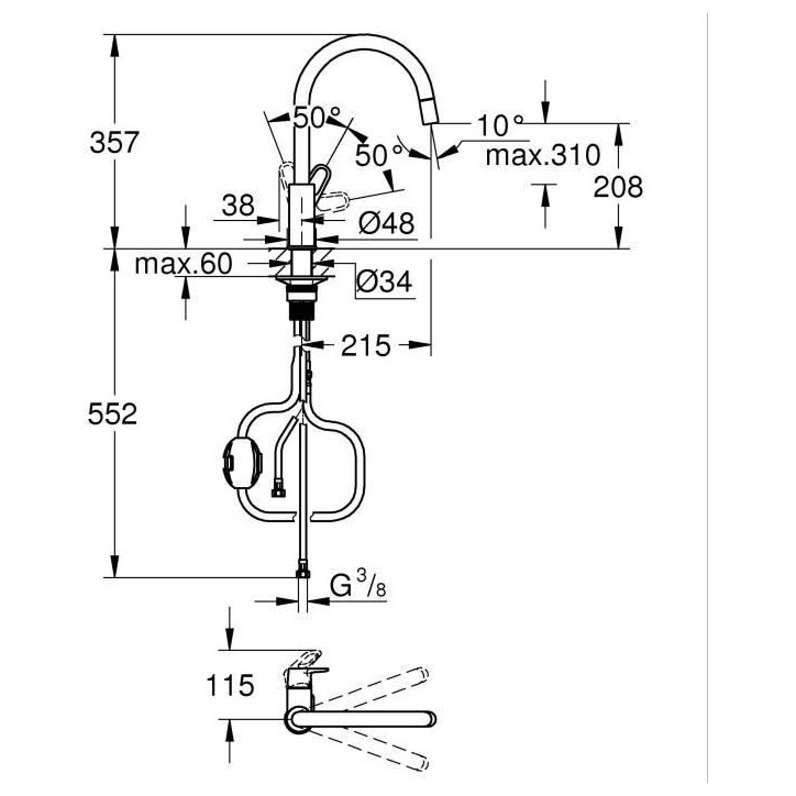 Robinet de cuisine - Chromé - Bec haut en C - Mousseur extractible - Rotation 360° - Limiteur de débit - GROHE Start Flow - Robinet de cuisine - Chromé - Bec haut en C - Mousseur extractible - Rotation 360° - Limiteur de débit - GROHE Start Flow -