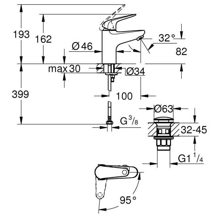 Mitigeur monocommande lavabo - GROHE Swift - 24323001 - Chromé - Taille S - Ouverture Eau Froide - Economie d'eau - Vidage clic
