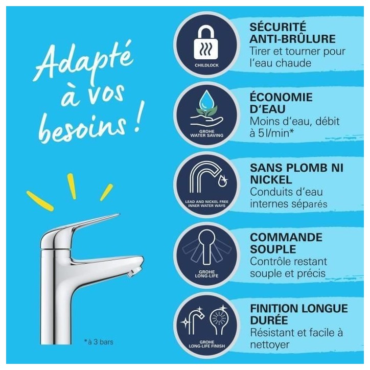Mitigeur monocommande - GROHE - 24327001 - Lavabo Swift - Avec sécurité enfant - Taille M Mitigeur monocommande - GROHE - 24327001 - Lavabo Swift - Avec sécurité enfant - Taille M