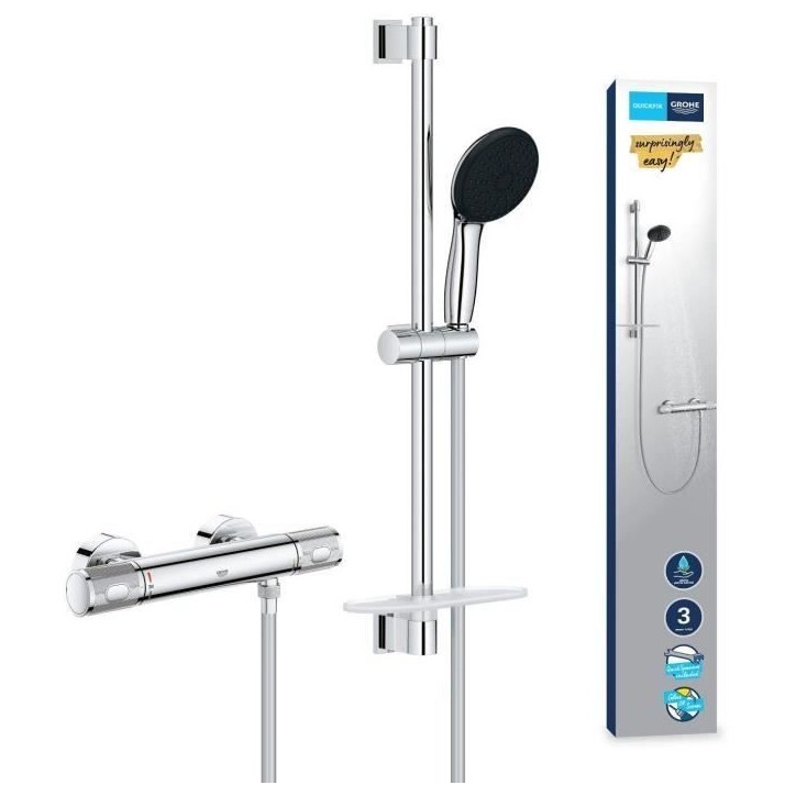 Ensemble de douche avec mitigeur thermostatique, pommeau 3 jets, barre 60cm et flexible - GROHE 34791001 - Economie d'eau - Chro Ensemble de douche avec mitigeur thermostatique, pommeau 3 jets, barre 60cm et flexible - GROHE 34791001 - Economie d'eau - Chro