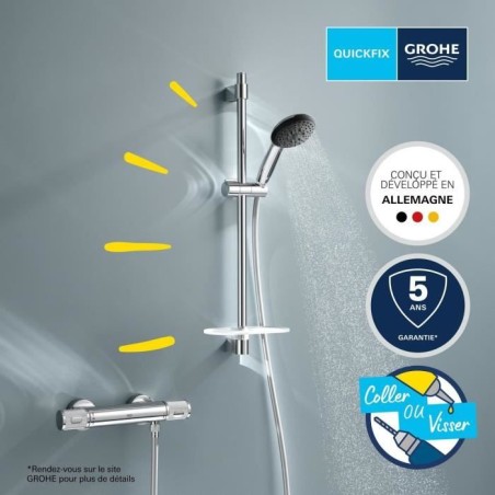 Ensemble de douche avec mitigeur thermostatique, pommeau 3 jets, barre 60cm et flexible - GROHE 34791001 - Economie d'eau - Chro