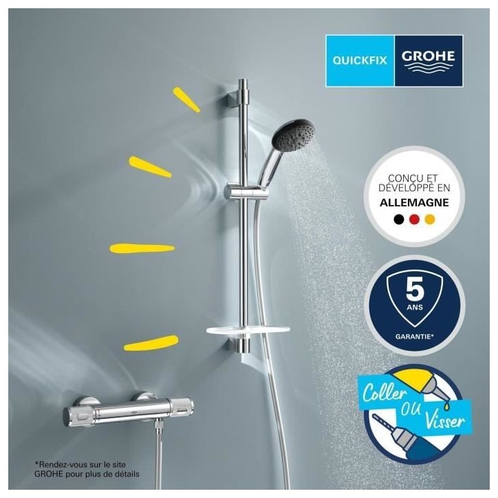 Ensemble de douche avec mitigeur thermostatique, pommeau 3 jets, barre 60cm et flexible - GROHE 34791001 - Economie d'eau - Chro Ensemble de douche avec mitigeur thermostatique, pommeau 3 jets, barre 60cm et flexible - GROHE 34791001 - Economie d'eau - Chro